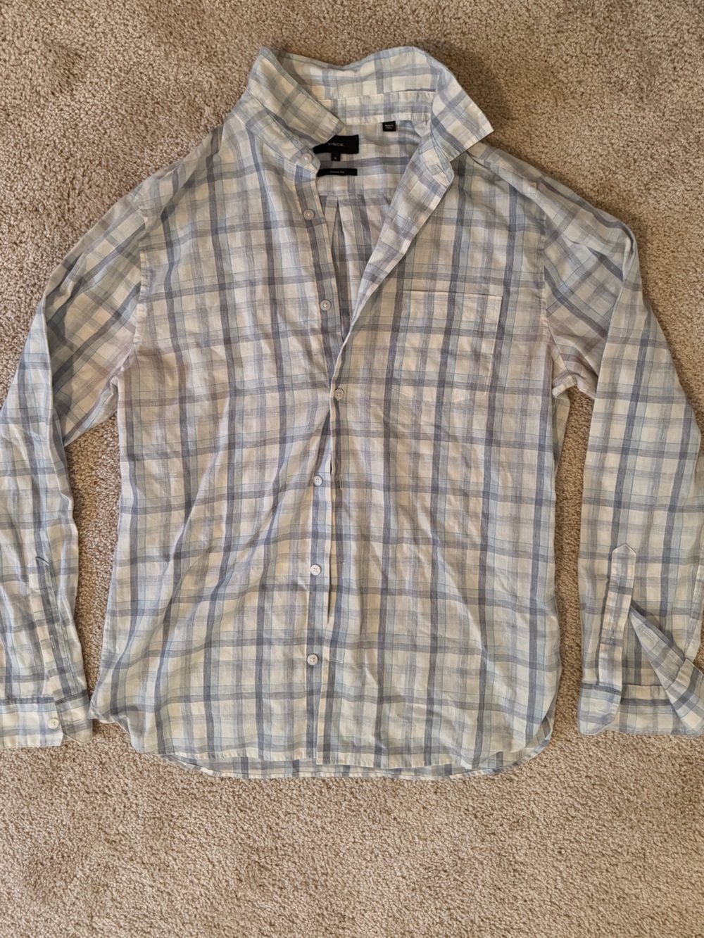 Vince Men’s Long Sleeve Plaid Dress Shirt in Light Blue and Cream